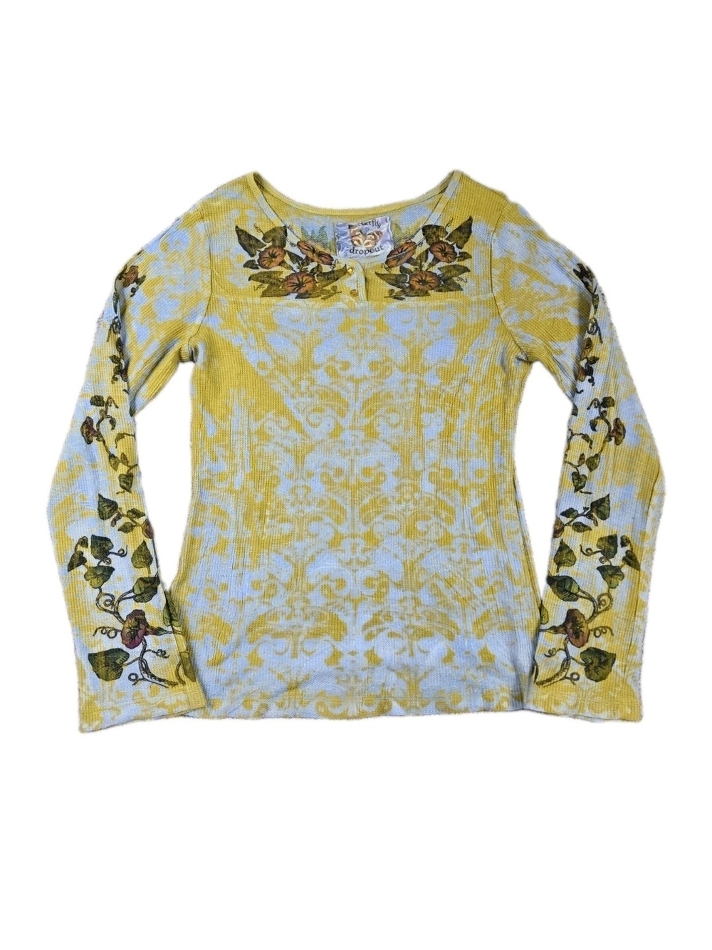 Butterfly Dropout Thermal Henley Top Long Sleeve Sz M Fairy Grunge Yellow Floral